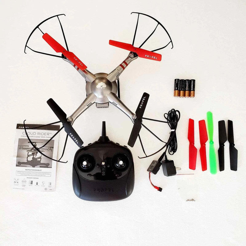 Propel quadcopter drone with camera, transmitter and spare propellers with batteries