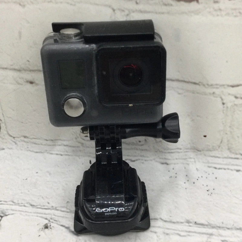 GoPro action camera recorder with black waterproof housing and mount base