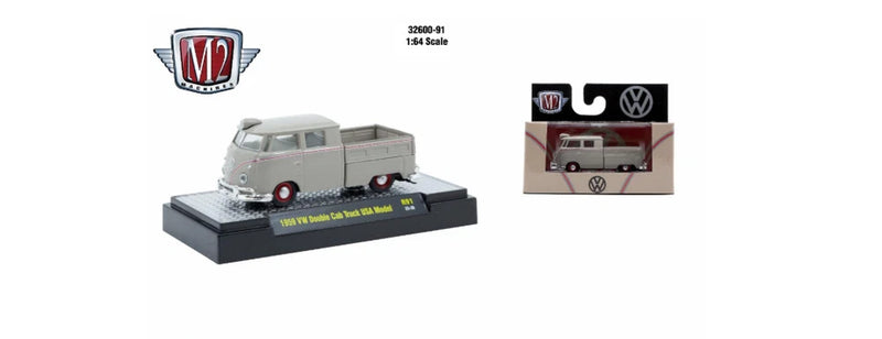 1:64 die-cast VW Double Cab truck model, light gray with gray cargo box