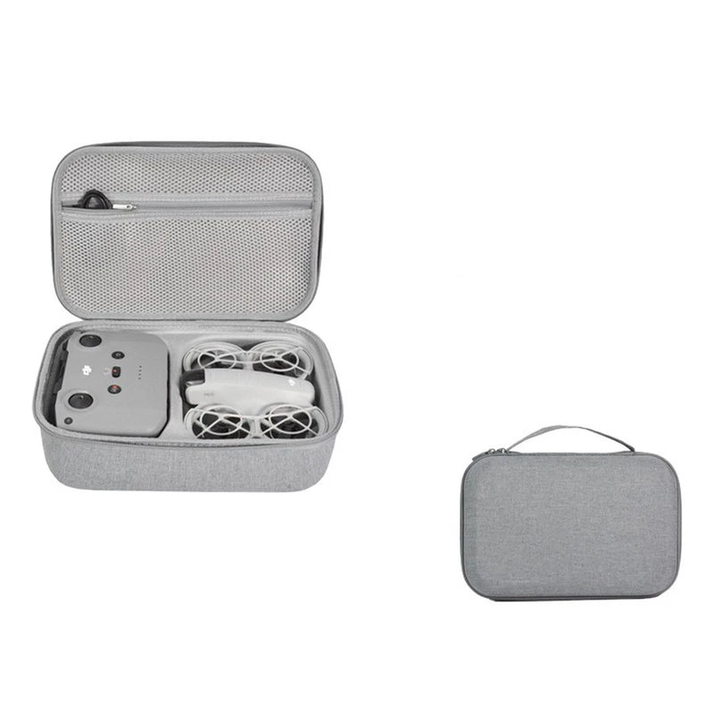 Hard gray drone case with textured shell and molded compartment for accessories