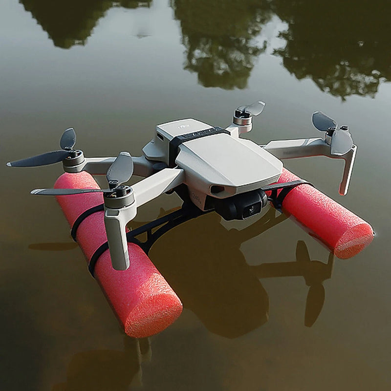 Floating water landing skids accessory with red foam floats for drone