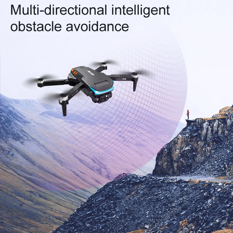 Quadcopter drone with camera, dark gray body and four rotors, blue status light