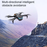 Quadcopter drone with camera, dark gray body and four rotors, blue status light