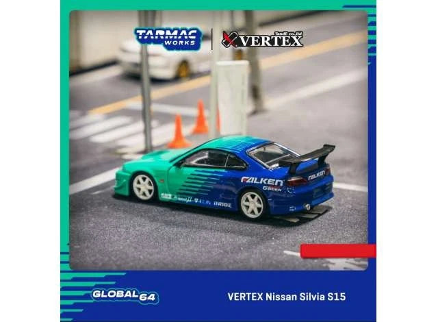 Vertex Nissan Silvia S15 Falken Blue/Green 1:64 Tarmac Works Model Car (TC-T64G0