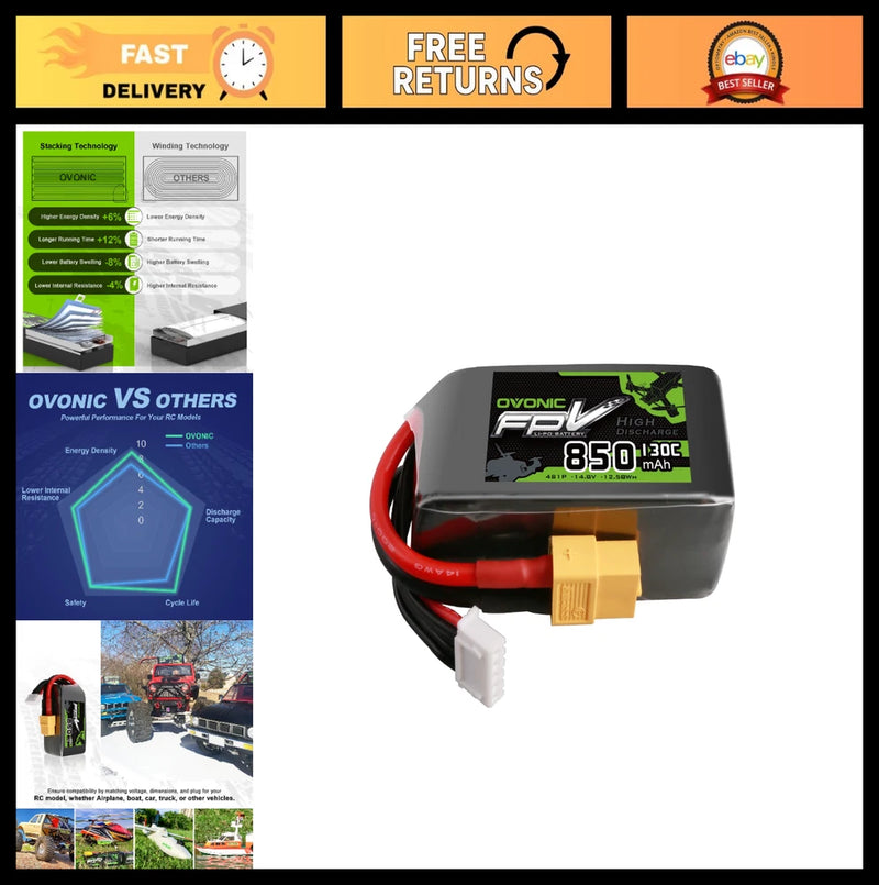 High-Performance 14.8V 130C 850mAh 4S Lipo Battery with XT60 Connector for RC Dr Battery