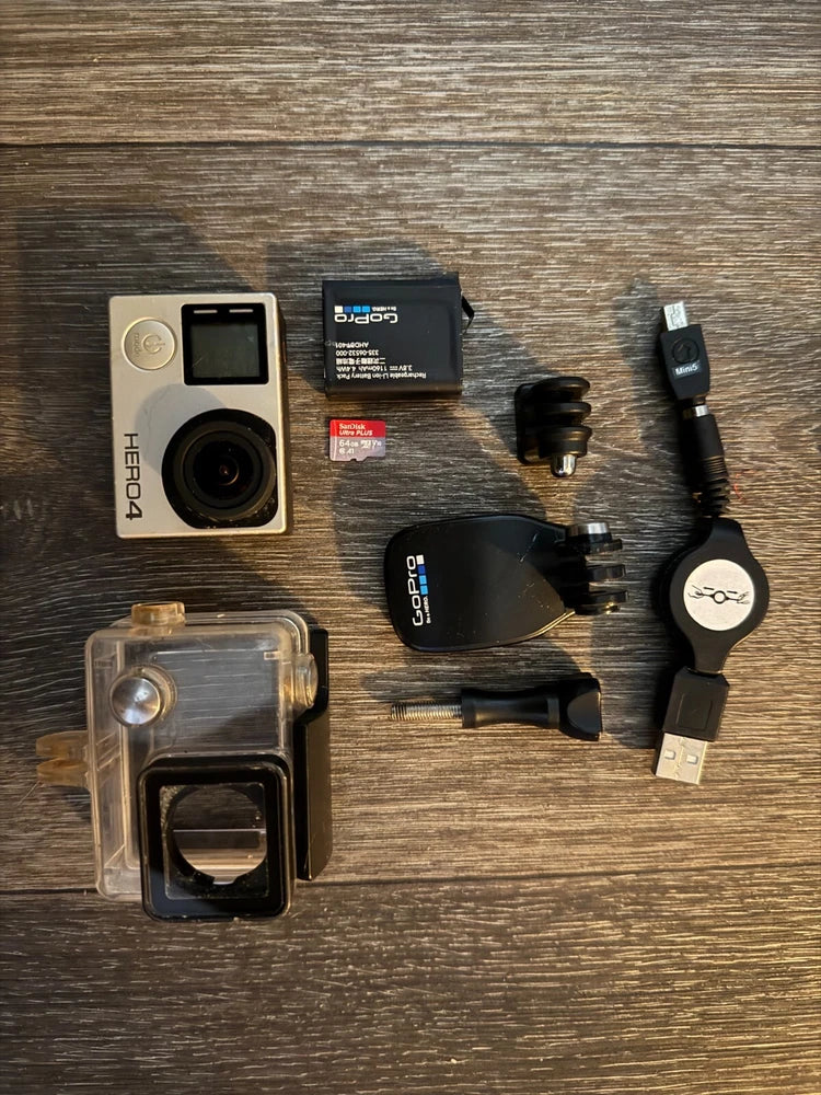 GoPro HERO4 action camera kit with waterproof case, mounts and accessories