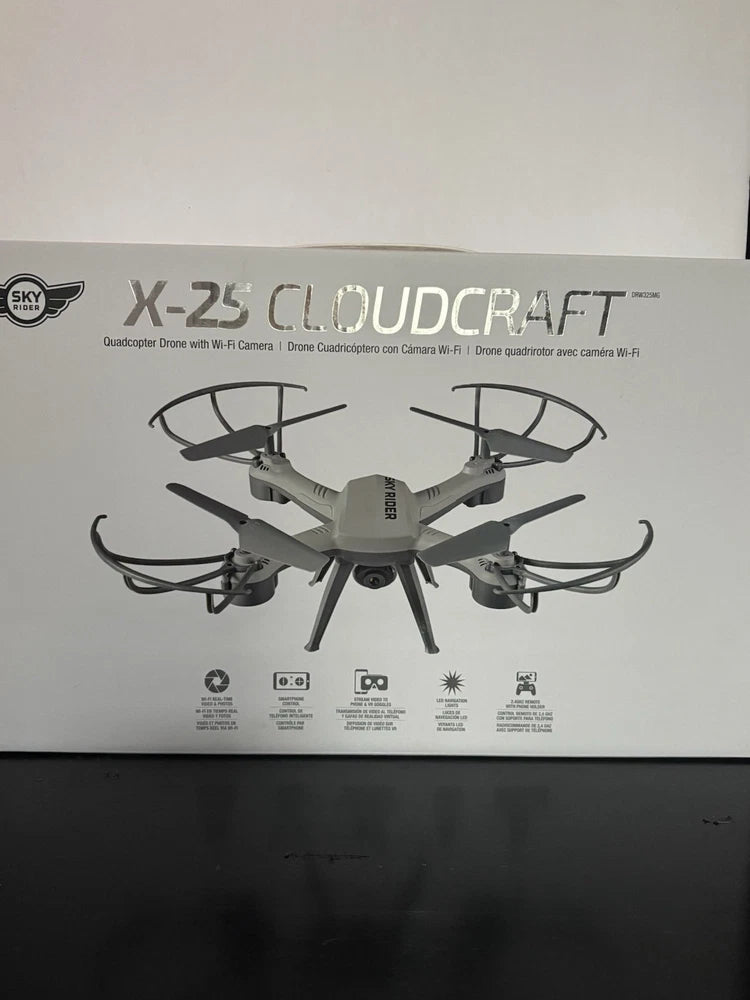 White quadcopter drone with four arms, prop guards, and central camera module