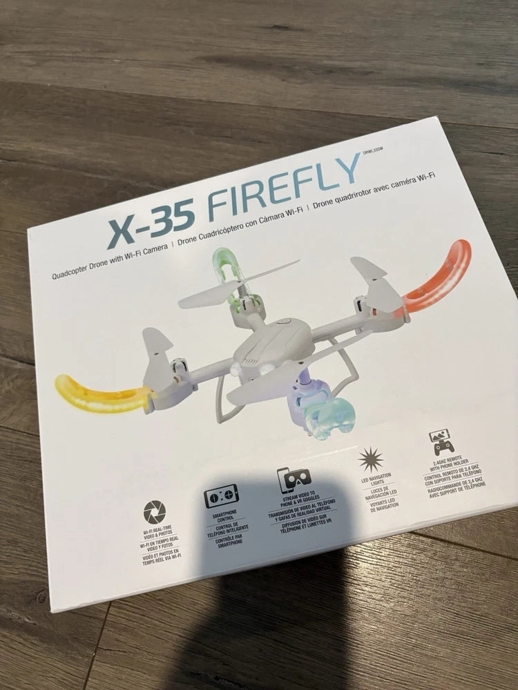Sky Rider X-35 Firefly drone product box with illustrated drone and key features