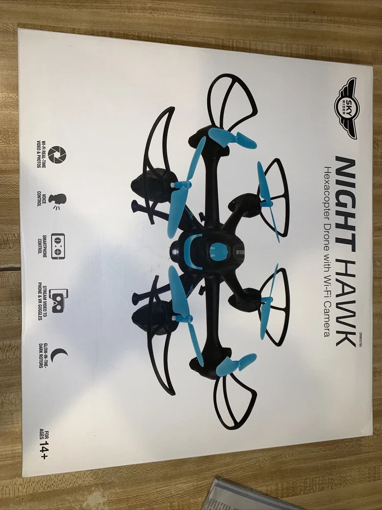 Blue and black hexacopter drone with central camera and six propellers