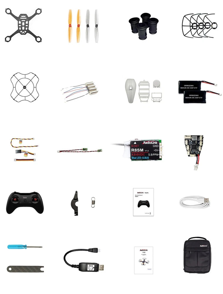 Mini drone racing kit with controller, propellers, frame parts, and wiring