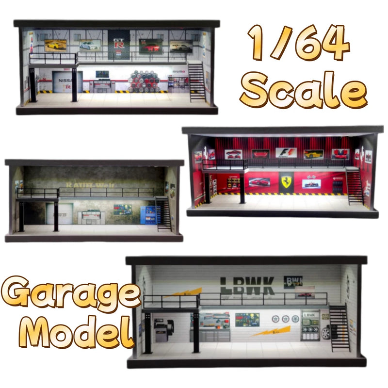 1/64 Diorama Garage Model Lighting Car Repair Workshop Parking Lot Scene Model