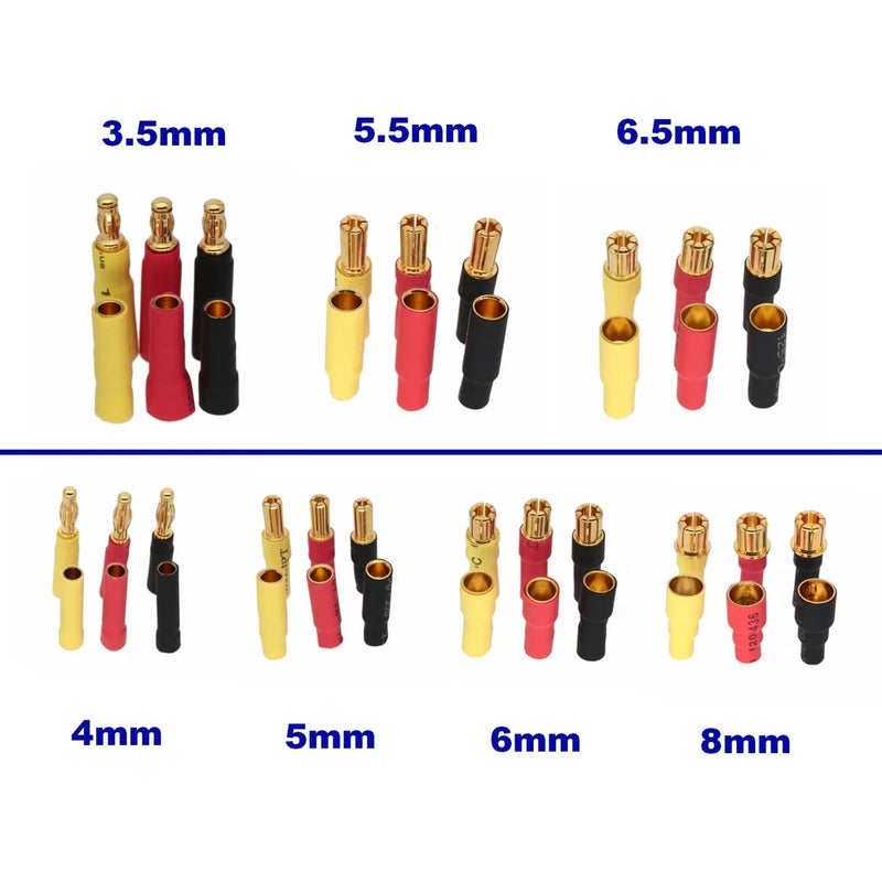 Set of bullet motor adapters, three-pin connectors in yellow, red, and black (3.5-8mm)