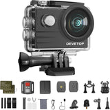 Black action camera with waterproof housing, lens, and included mounting accessories