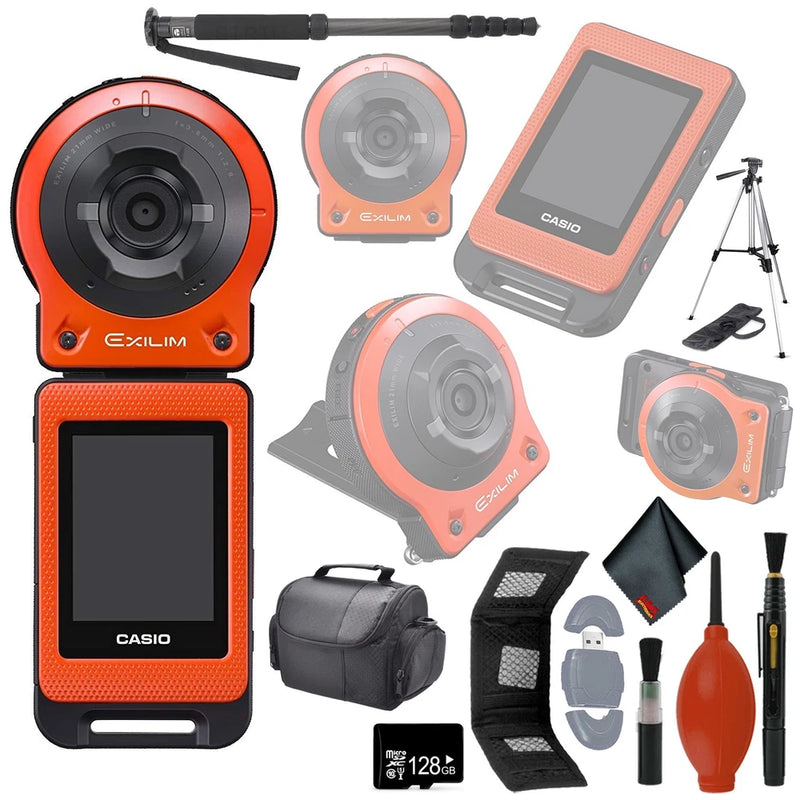 Orange CASIO EXILIM digital action camera with LCD screen, lens, and included accessories