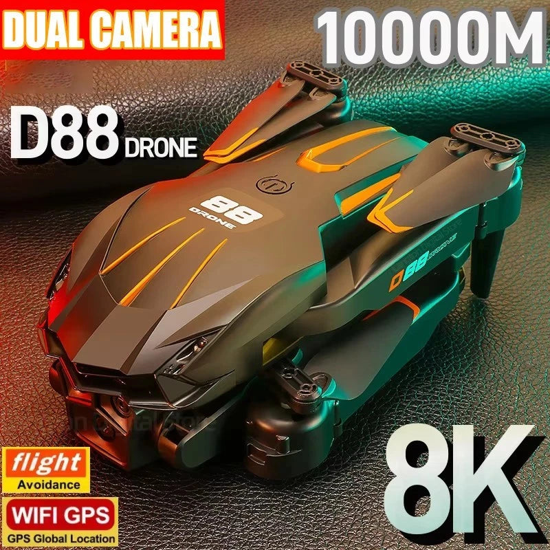 Foldable quadcopter drone with dual camera, dark body and orange/green accents.