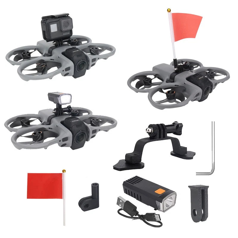 RC drone spotlight searchlight accessory kit with mount, cables, and red flag.