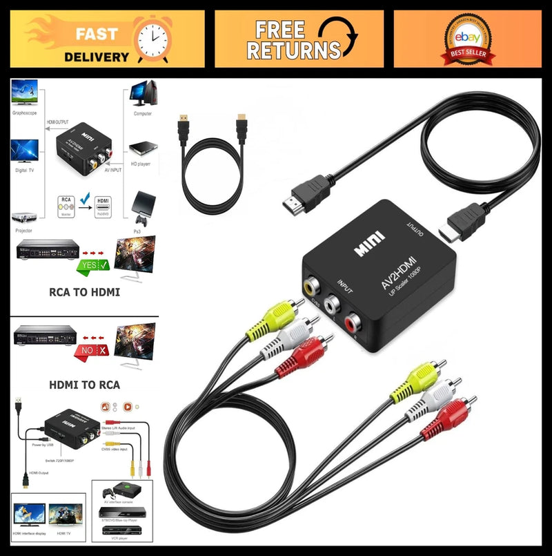 AV to HDMI Converter - RCA to HDMI 1080P Mini Adapter for TV, PC, PS3, Xbox, VCR