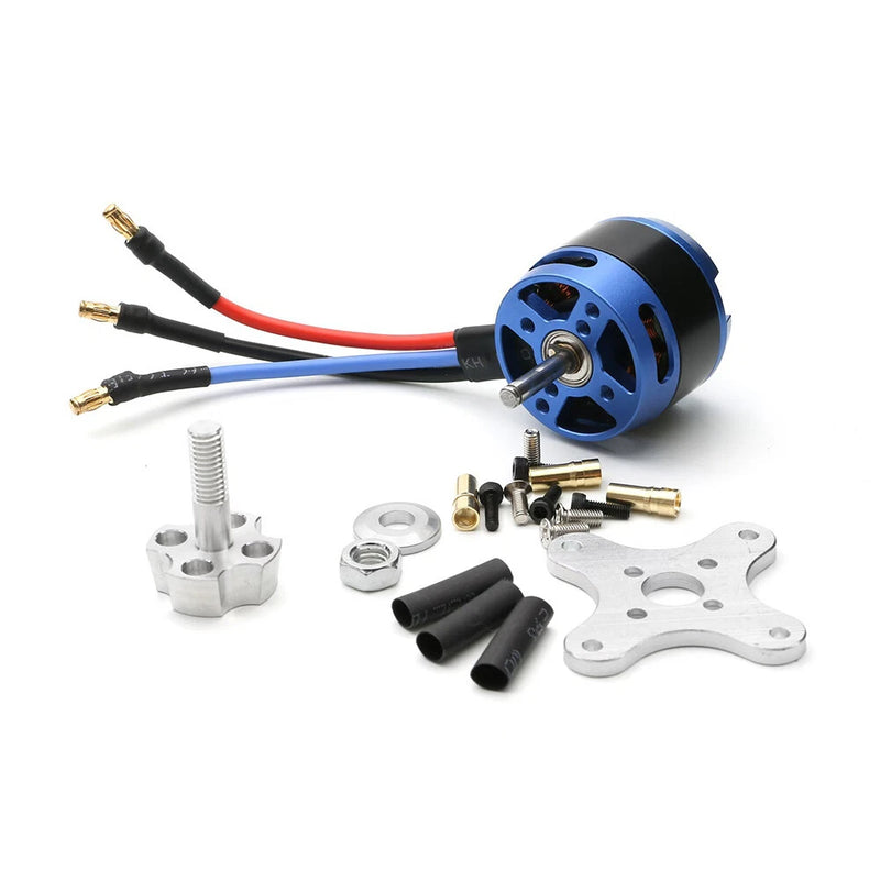 1100KV brushless outrunner motor with blue casing, red/black leads and mounting hardware