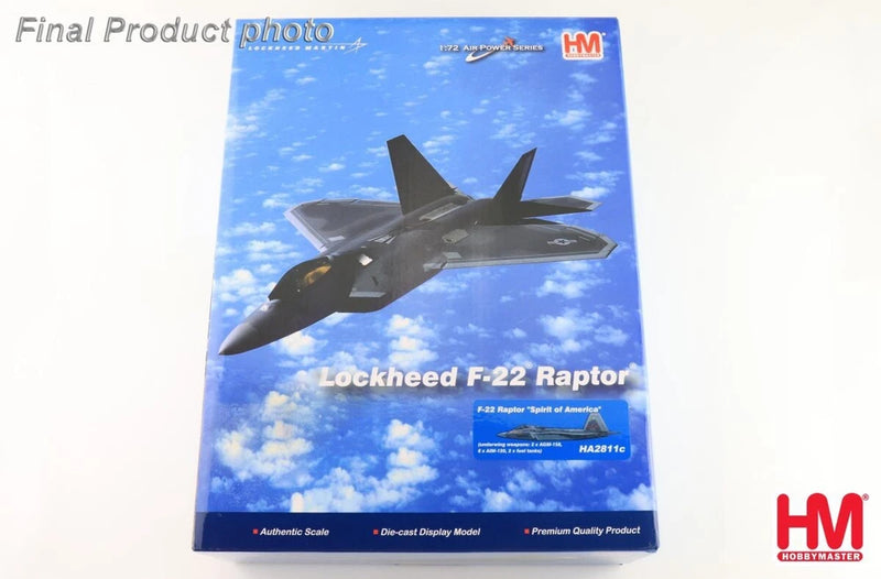 Hobby Master HA2811C F-22A Raptor Spirit of America boxed model with aircraft graphic