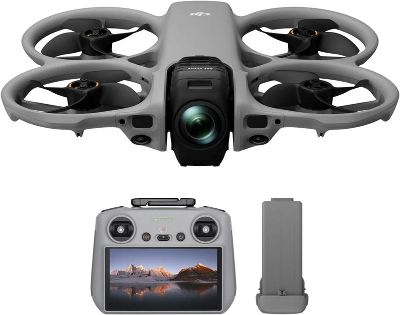 Gray FPV drone with camera and remote controller with LCD screen