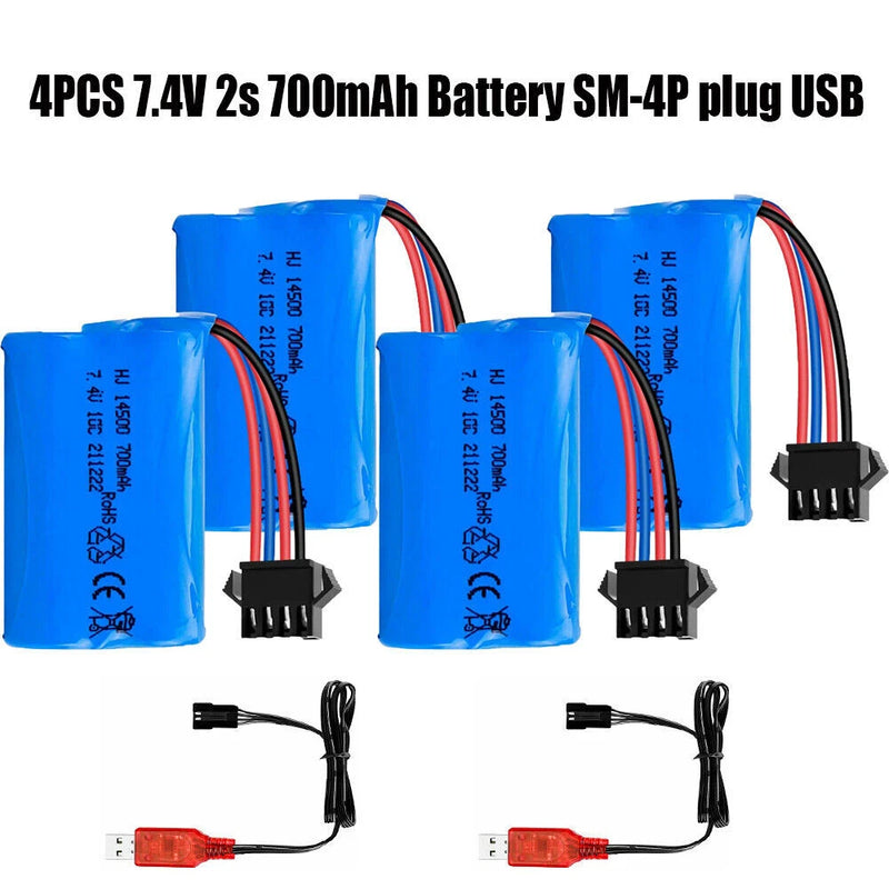 4Packs 7.4V 700mAh Li-ion Battery SM-4P Plug + USB Charger for RC Car Boat Truck