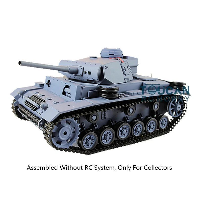 Grey static tank model with long barrel and detailed tracks, no RC system