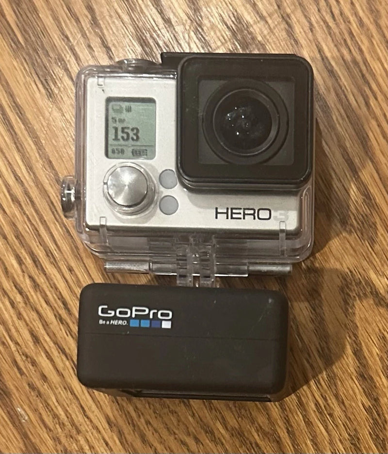 GoPro HERO3+ Silver action camera in clear waterproof case with LCD and buttons