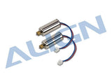 Quadcopter motor with silver cylindrical housing, red/blue wires and two connectors