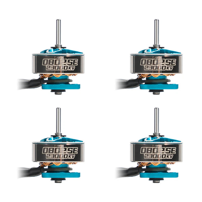 Set of four RC brushless motors, blue and silver housings with metal shafts