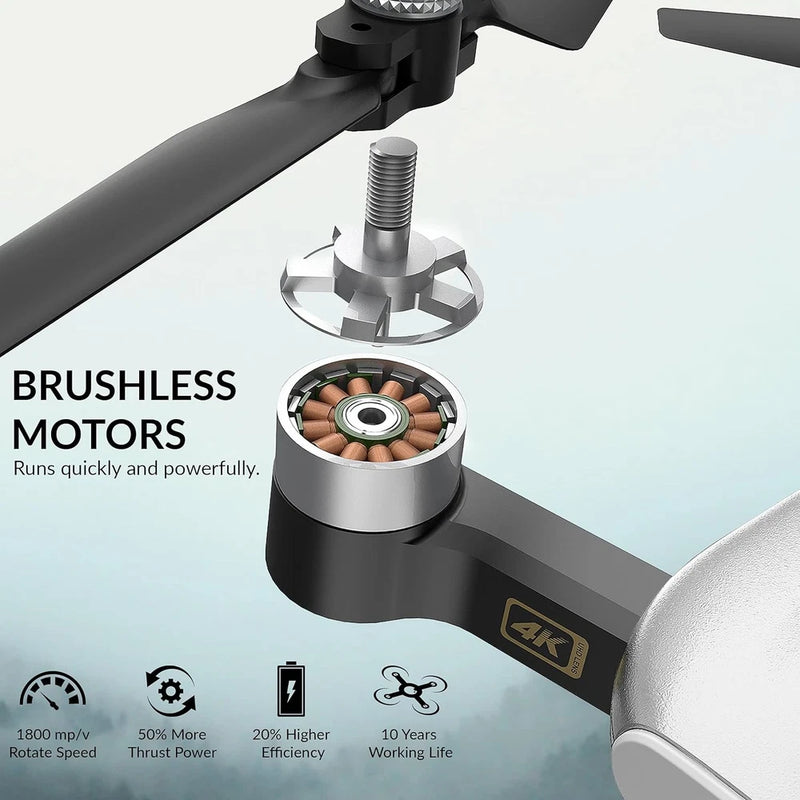 Brushless quadcopter motor with silver housing and attached drone arm
