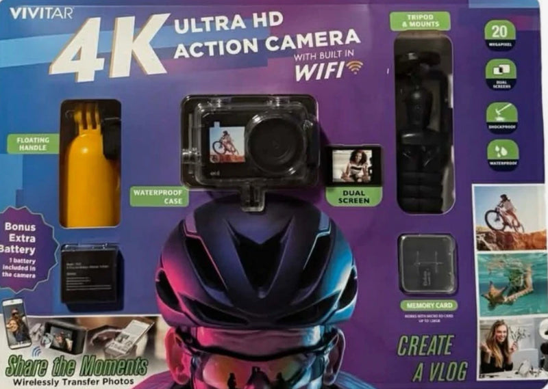 Vivitar 4K Ultra HD Action Camera Kit, Dual Screen Wifi, Bonus Battery 64GB NEW