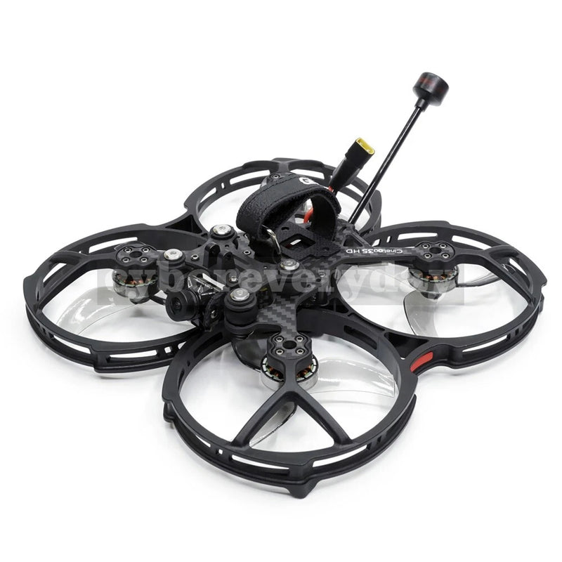 CineLog35 FPV racing drone with four prop guards and central antenna mast