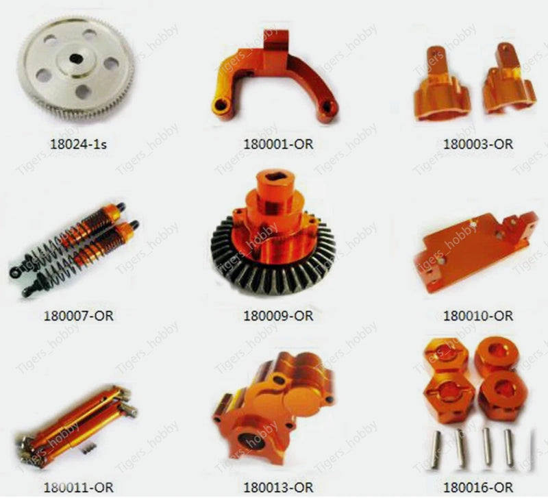 Orange aluminum alloy RC car metal upgrade parts assortment with gear and hardware