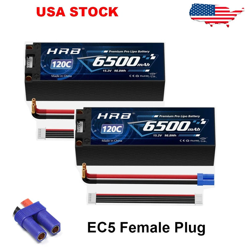2pcs HRB 15.2V 6500mAh EC5 High Voltage LiPo Battery for RC Car Losi Truck Battery