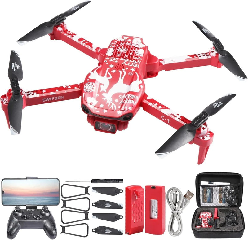Red mini quadcopter drone with camera, four propellers and remote controller kit