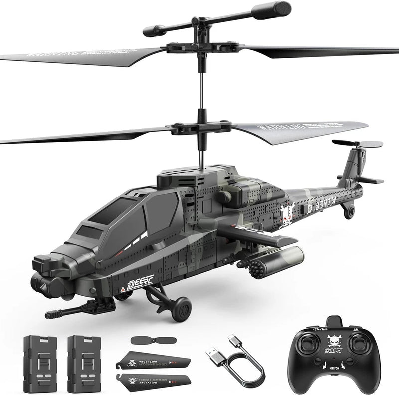 Gray RC helicopter with rotor blades and handheld remote controller