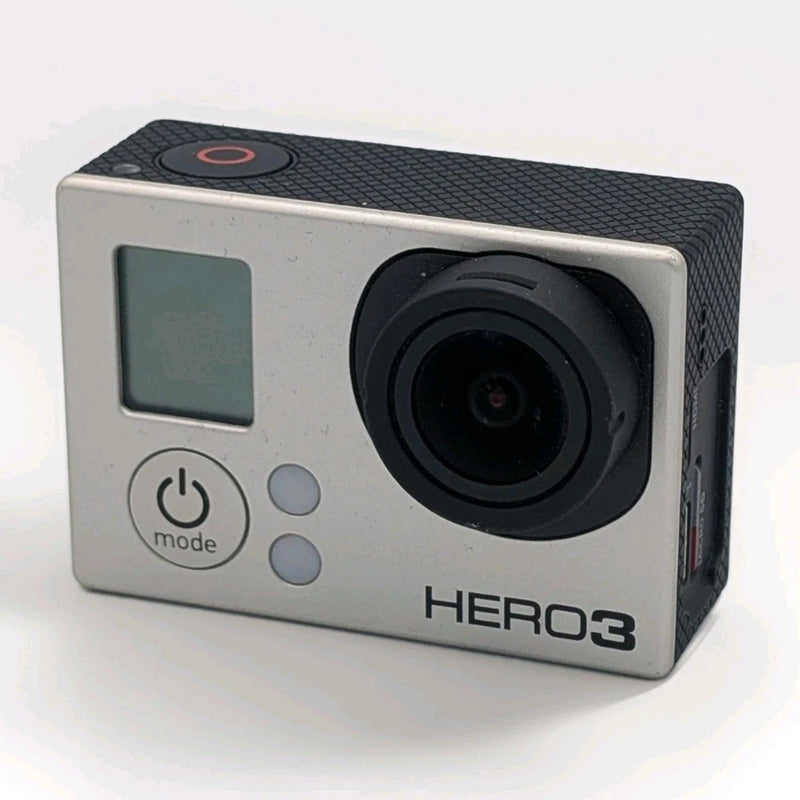 GoPro HERO3 silver action camera with black lens and LCD, front buttons