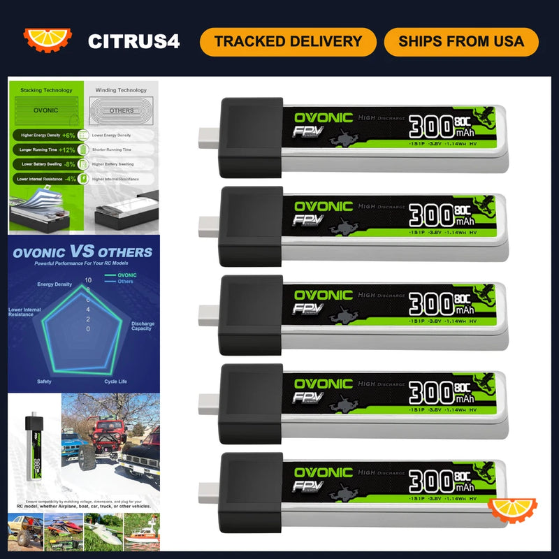 High Voltage 3.8V 80C 300mAh 1S Lipo Battery with BT2.0 Plug - 5 Pack Battery