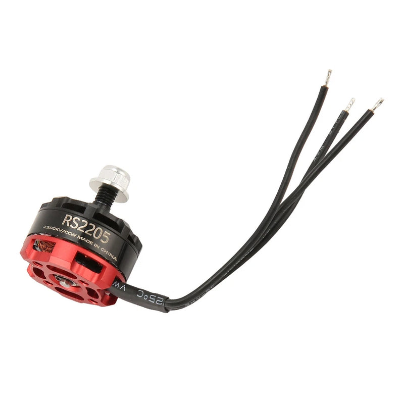 Brushless RC motor with red RS2205 label, mounting shaft, and three black lead wires