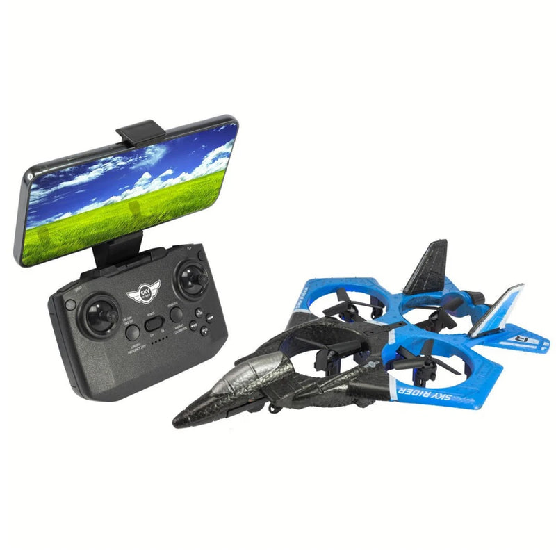 Blue RC quadcopter drone with handheld controller and built-in screen
