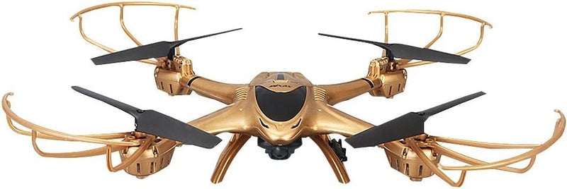 Golden FPV quadcopter drone with four propellers