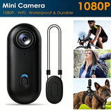 Black mini POV action camera with front lens and power button, plus cable remote