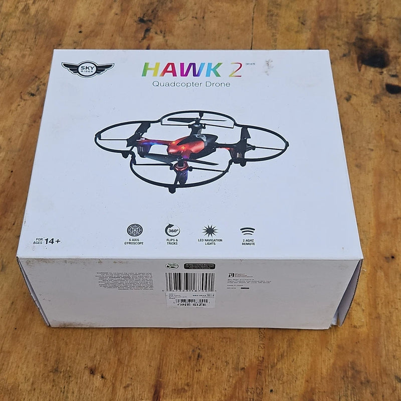 Quadcopter drone retail box with illustrated drone and green Hawk 2 title