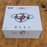 Quadcopter drone retail box with illustrated drone and green Hawk 2 title