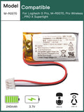 Battery for Logitech G Pro, M-R0070, Pro Wireless, PRO X Superlight, 3.7V 240mAh