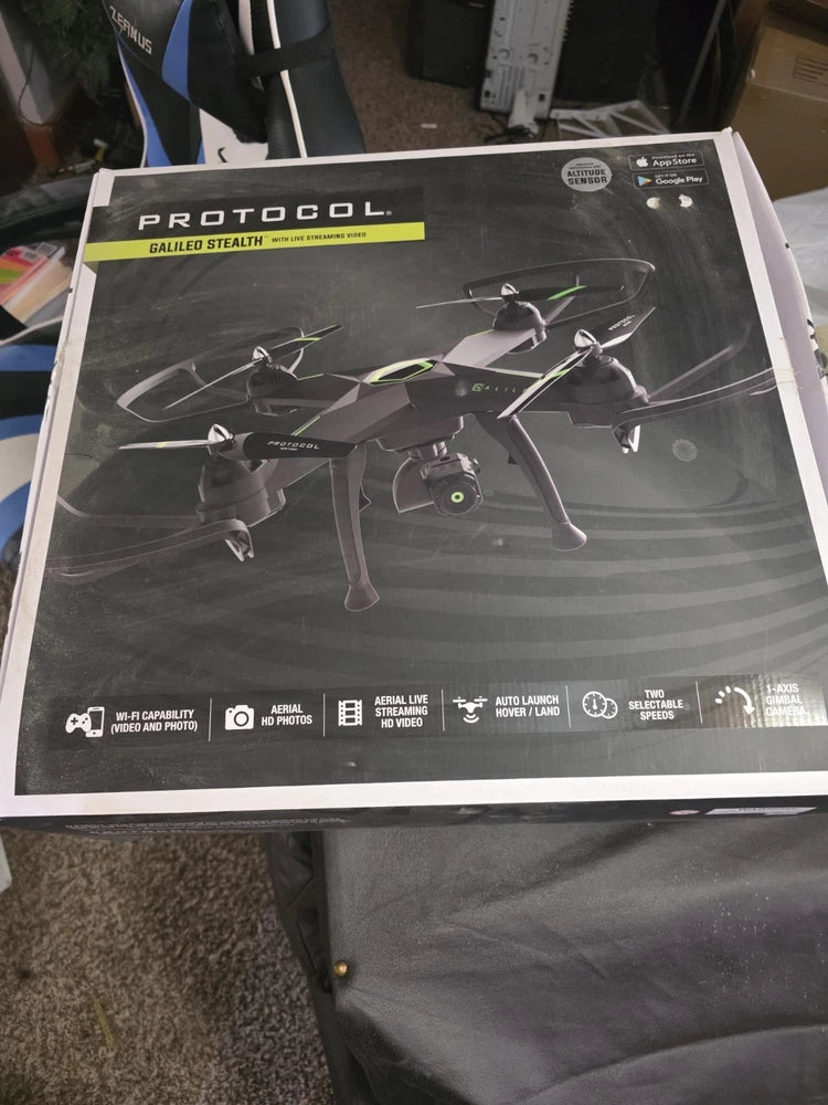 Protocol Galileo STEALTH drone packaging with drone illustration and feature icons
