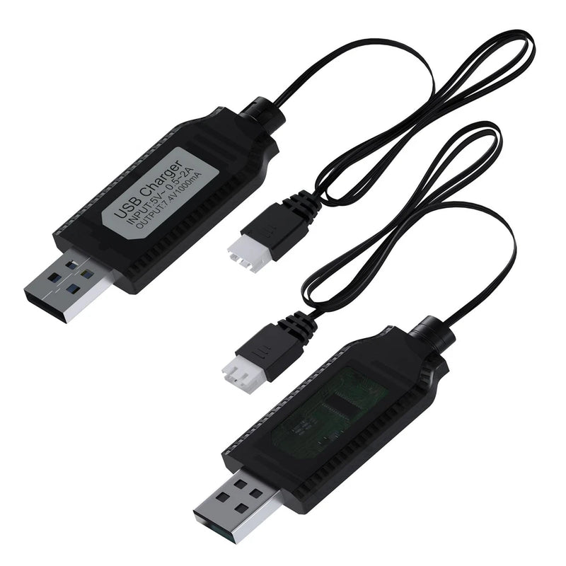 2-pack USB charger cables with USB-A plugs and XH3P connectors for 7.4V batteries