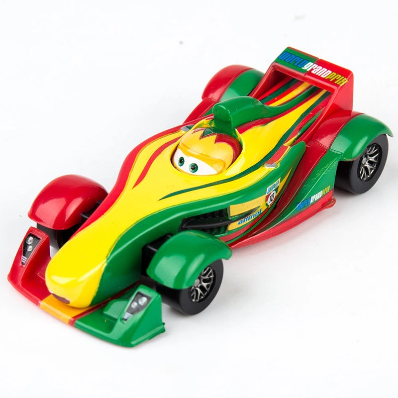Yellow and green racing die-cast toy car with red nose and driver face graphic