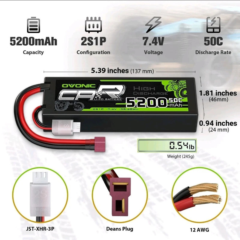 2X Ovonic 5200mAh 2S LiPo Battery 7.4V 50C T for 1/10 RC Car Truck buggy (CYM)