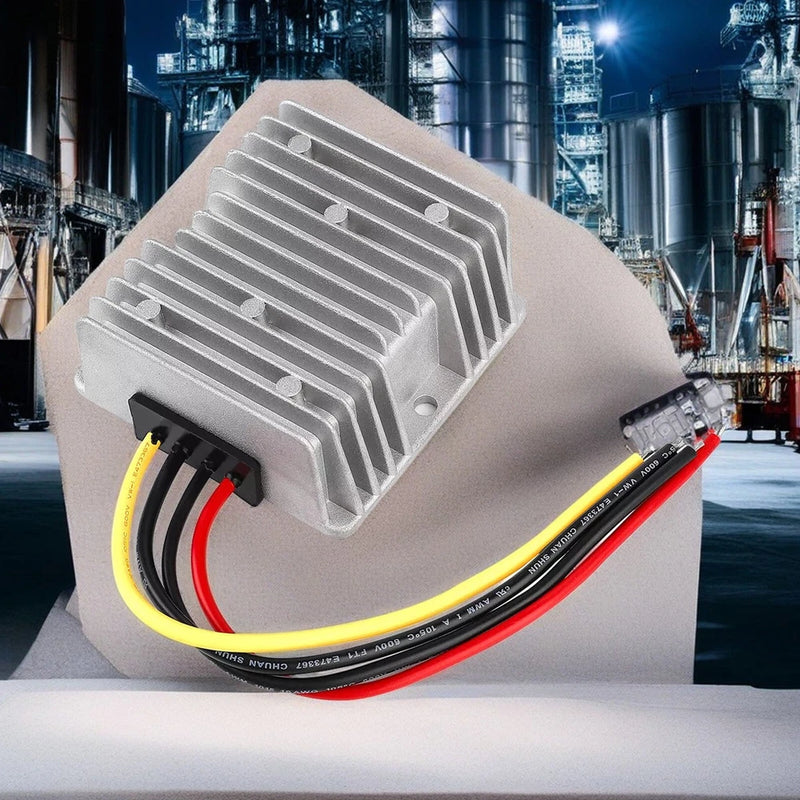 DC-DC voltage converter with aluminum heatsink and red/black/yellow wires